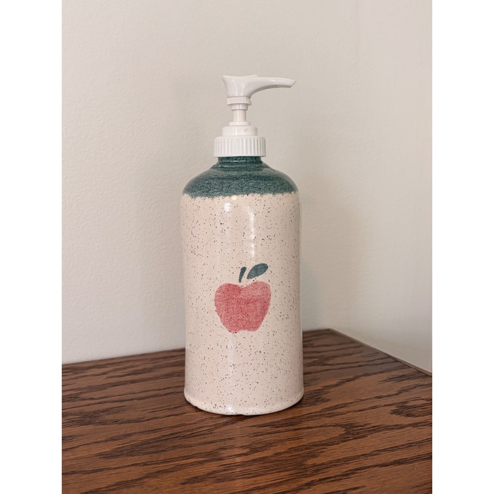 Handmade Ceramic Apple Soap Dispenser Teal Speckled Stoneware Farmhouse Decor
